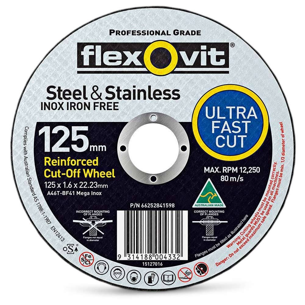 FLEXOVIT 125 x 1.6mm Steel and Stainless Cut Off Disc - MEGA INOX