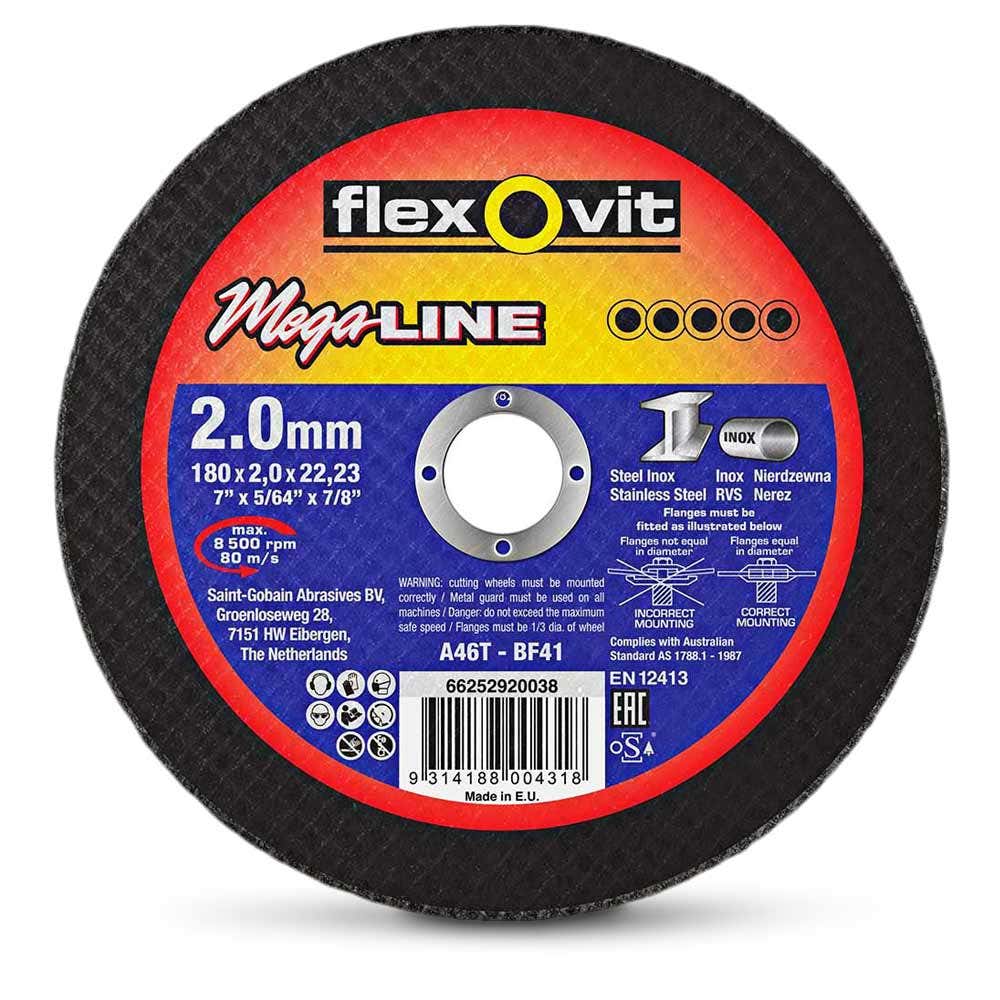 FLEXOVIT 180 x 2.0mm Steel and Stainless Cut Off Disc - MEGA LINE
