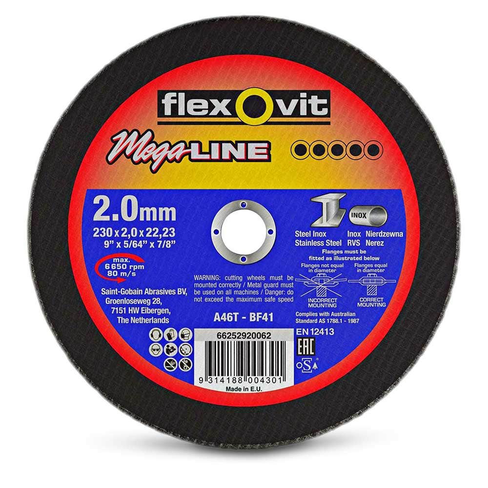 FLEXOVIT 230 x 2.0 x 22.2mm Steel and Stainless Cut Off Disc - MEGA LINE 66252920062