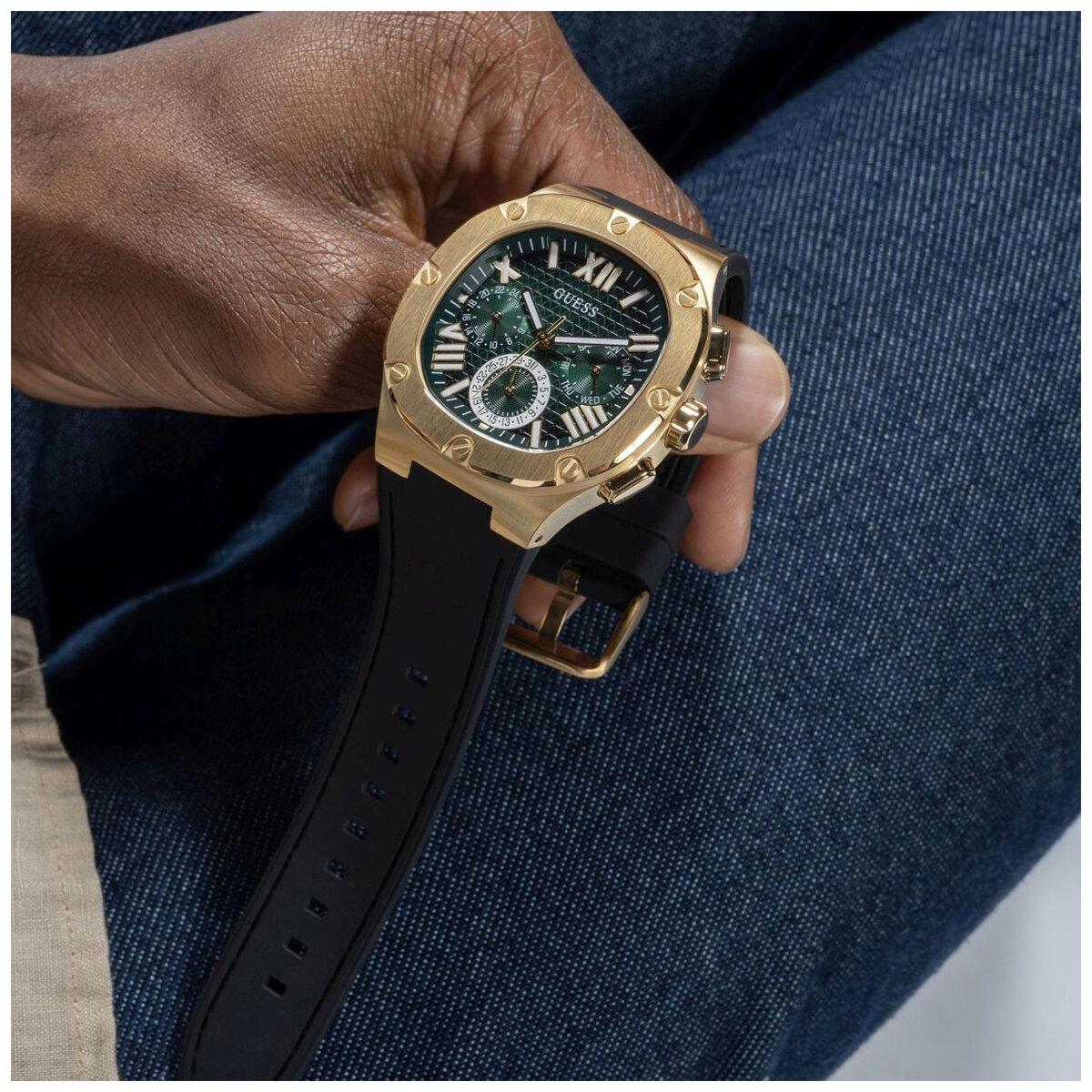 GUESS Headline Green Dial Black Silicone Strap Multifunction Men's Watch GW0571G3