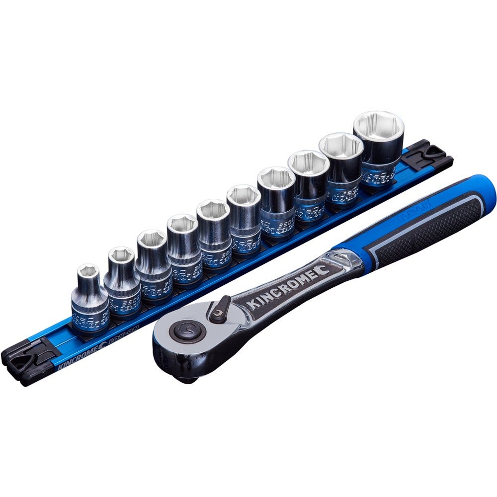 KINCROME 11 Piece Lok-On 1 2 Drive Metric Socket Set Twist-Lock Rail K27044