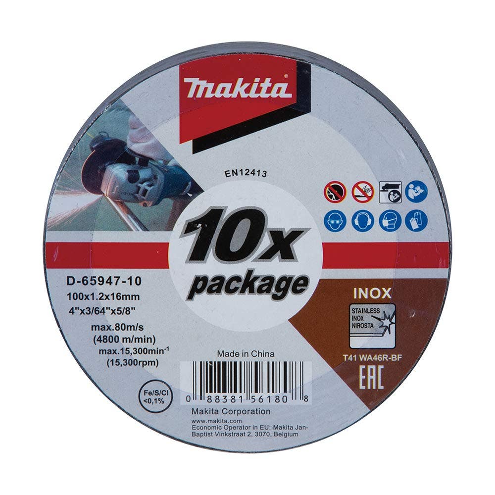 MAKITA 100 x 1.2 x 16mm Inox Cut Disc Wa46R - 10 Piece D-65947-10