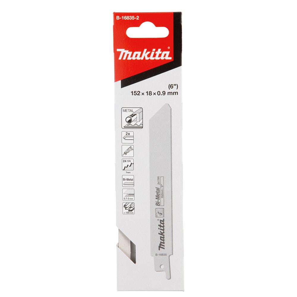 MAKITA 152mm 24TPI Bi-Metal Reciprocating Saw Blade for Metal Cutting - 2 Piece B-16835-2