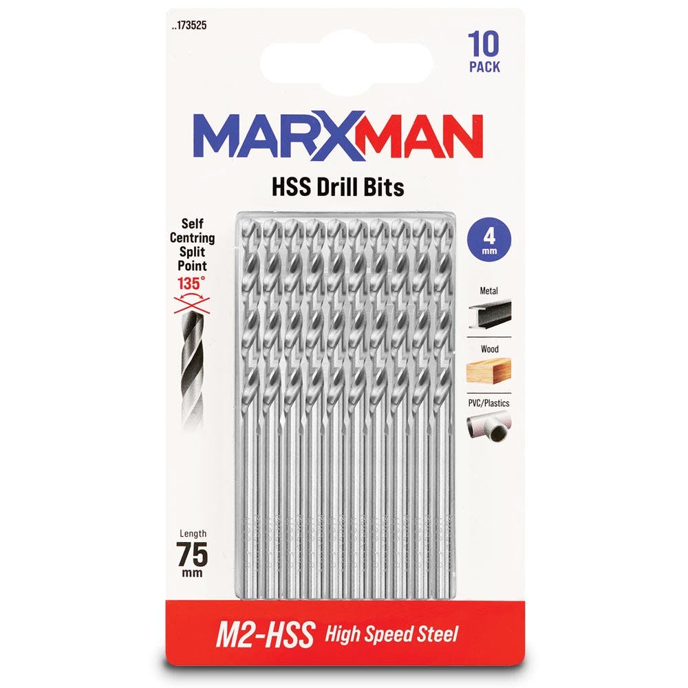 MARXMAN 4.0x75mm HSS Metal Jobber Drill Bit - 10 Piece MHSS4MM10PC