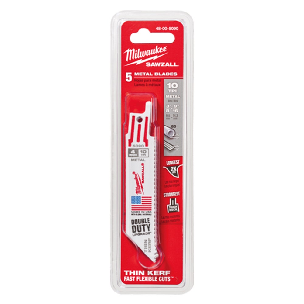 MILWAUKEE 100mm 10TPI Bi-Metal Reciprocating Saw Blade for Metal Cutting - THIN KERF - 5 Piece 48005090