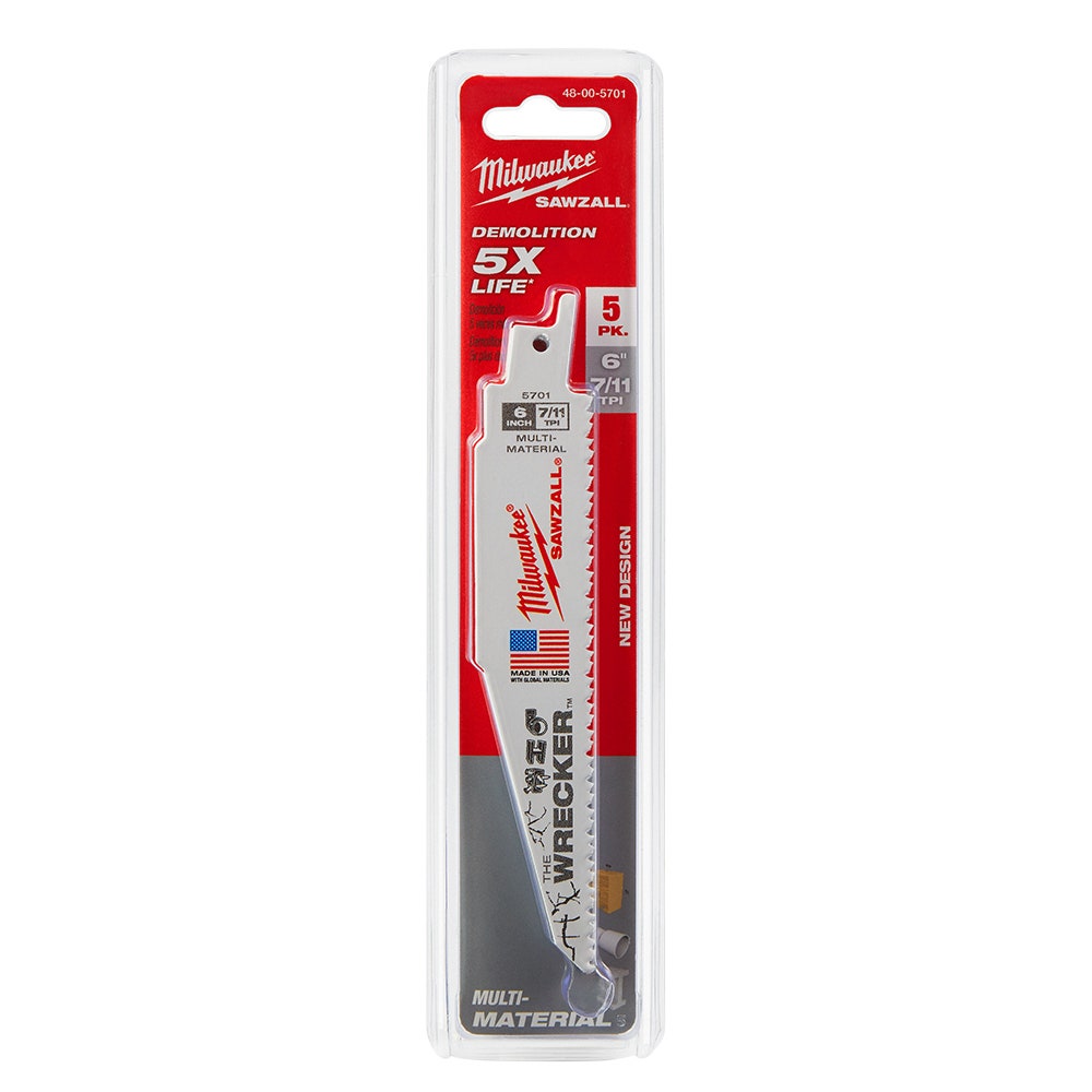MILWAUKEE 150mm 7 11TPI Bi-Metal Reciprocating Saw Blade for Wood and Metal Demolition - THE WRECKER - 5 Piece 48005701