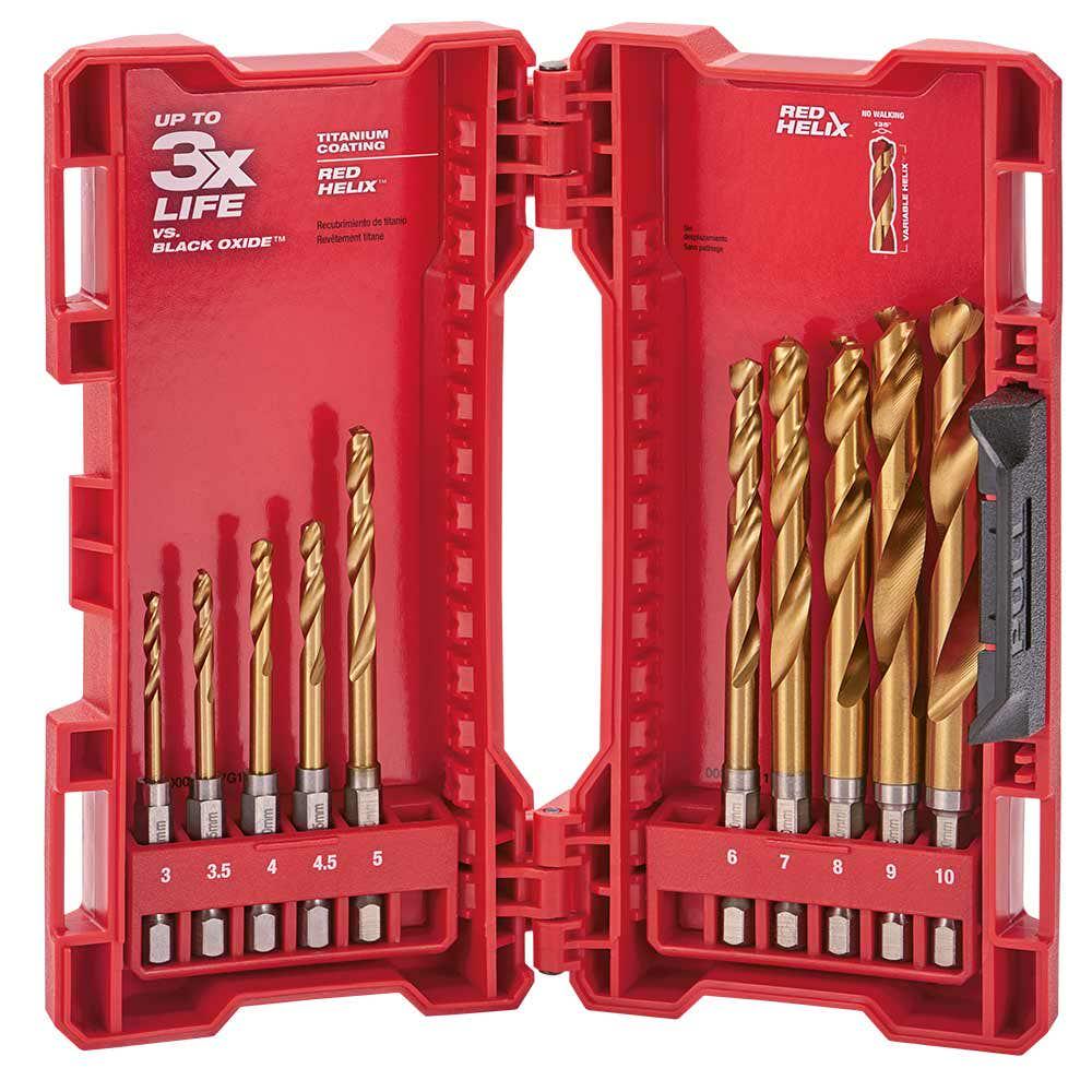 MILWAUKEE 3-10mm Metric 1 4-Hex Quick-Change HSS-TiN Jobber Drill Bit Set - RED-HELIX - 10 Piece 48894859