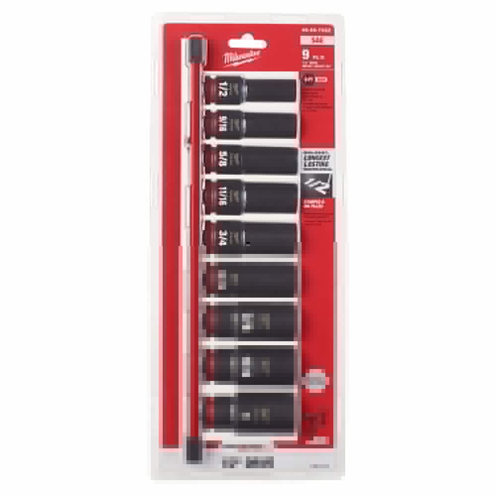 MILWAUKEE 9 Piece 1 2inch Drive 6 Point Shockwave SAE Deep Impact Socket Rail Set 49667022