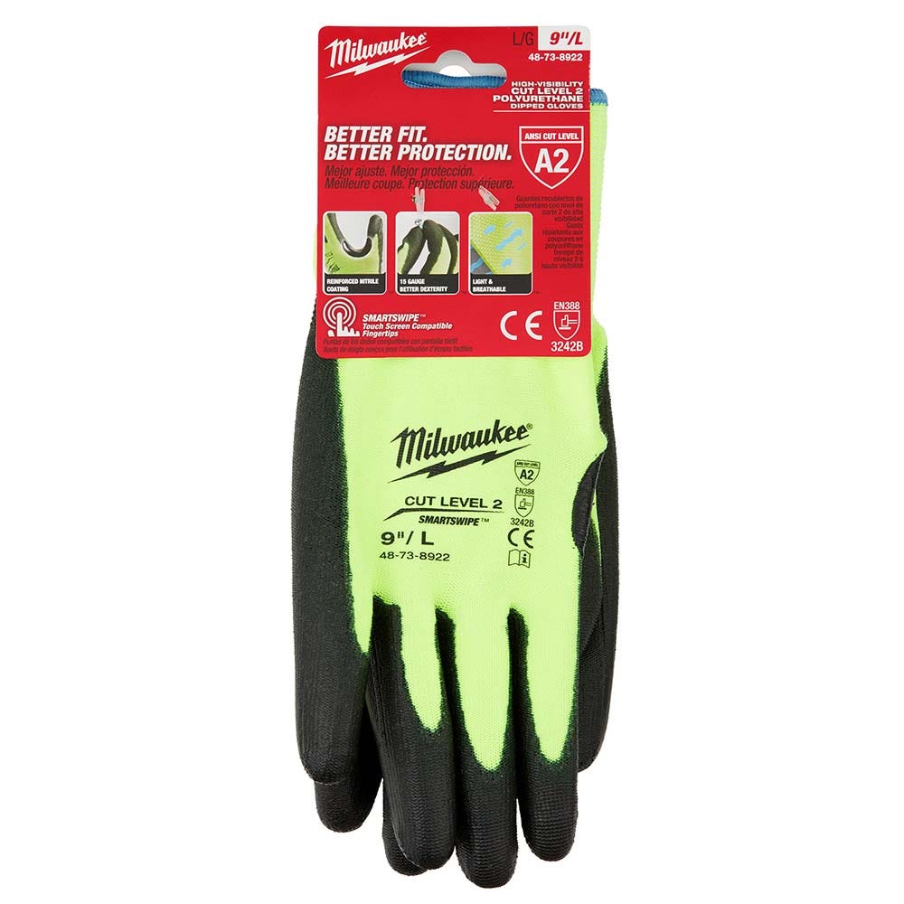 MILWAUKEE High Visibility Cut Level 3 Polyurethane Dipped Gloves Large 48738932