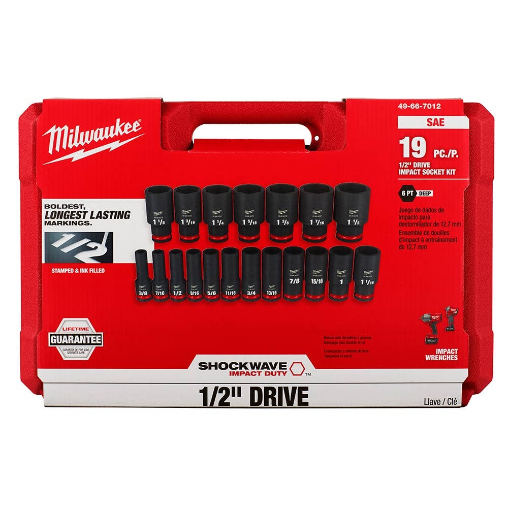 MILWAUKEE SHOCKWAVE Impact Duty 1/2" Drive 19PC SAE Deep 6 Point Impact Socket Set 49667012