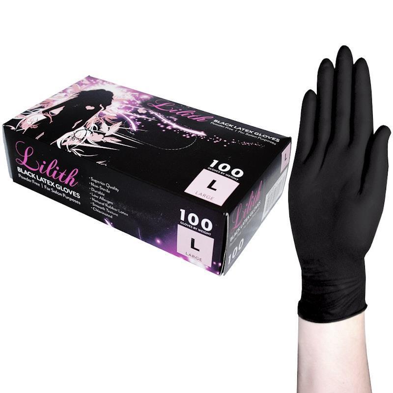 Lilith Salon Latex Gloves Powder Free Black Large 100 Pieces/Box