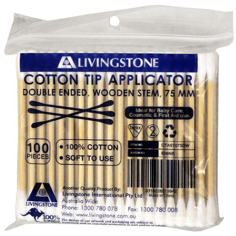 Livingstone Cotton Tip Applicator Double Tipped Biodegradable Wooden Stem 7.5cm 100 Pieces/Pack