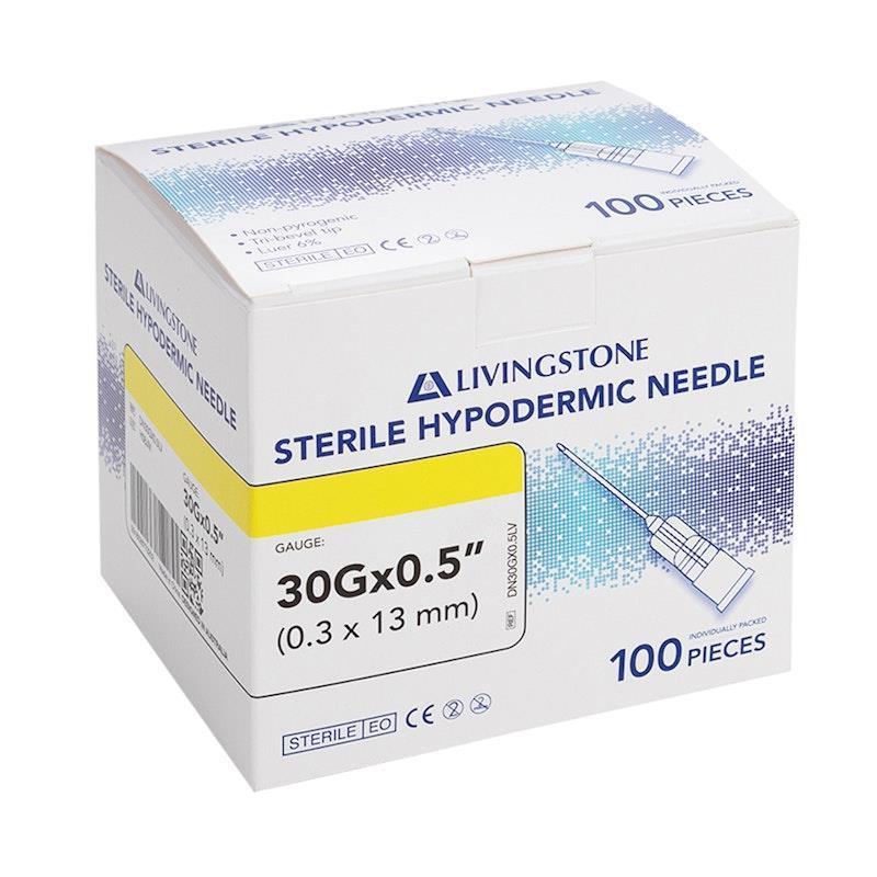 Livingstone Hypodermic Needles 30G (0.3mm) x 0.50 Inch (13mm) 100 Pieces/Box