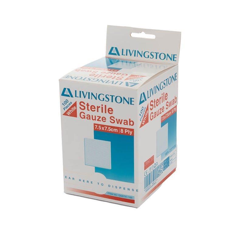 Livingstone Gauze Swabs 8 Ply Sterile White 7.5 x 7.5 cm 100 Pieces/Box