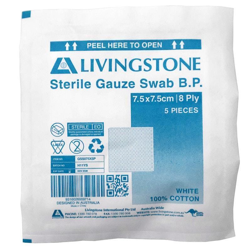 Livingstone Gauze Swabs Sterile White 8 ply 7.5 x 7.5cm 500 Pieces/Box