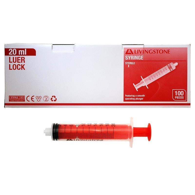 Livingstone Syringe Luer Lock Tip Red Plunger Sterile 20mL 100 Pieces/Box