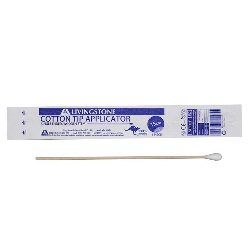Livingstone Cotton Tip Applicator Single Tipped Wooden Stem Sterile 15cm 100 Pieces/Bag