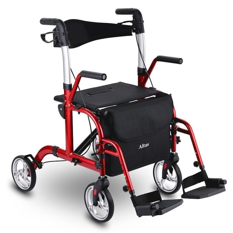 Altus Hybrid 2-in-1 Mobility Rollator & Wheelchair Combo Red