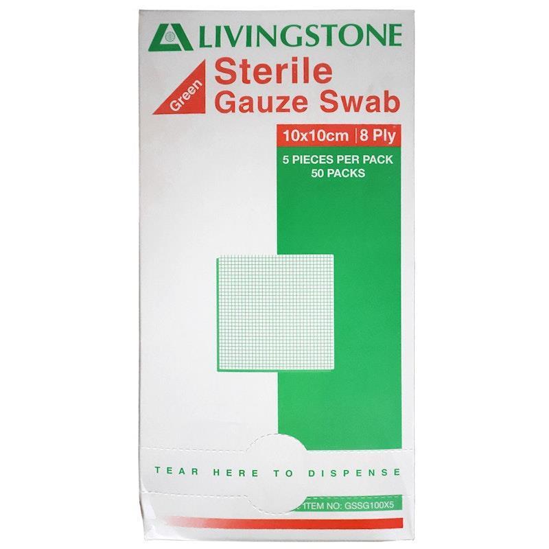 Livingstone Liv Gauze Swabs 8-Ply Cotton Sterile Green 10 x 10cm 50 Packs/Box