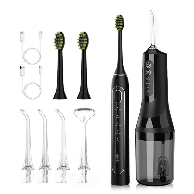 Eevee Electric Toothbrush & Electric Water Flosser Portable Oral Cleaner Black Combo Pack