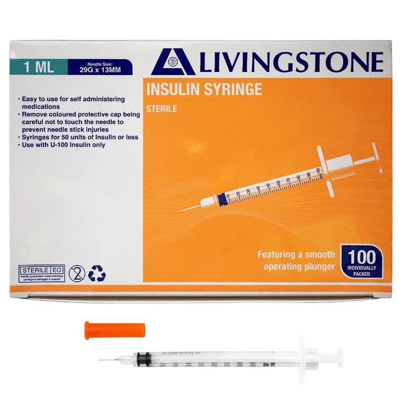 Livingstone Insulin Syringes 1mL White Plunger with Needle 29 Gauge Sterile 100 Pieces/Box