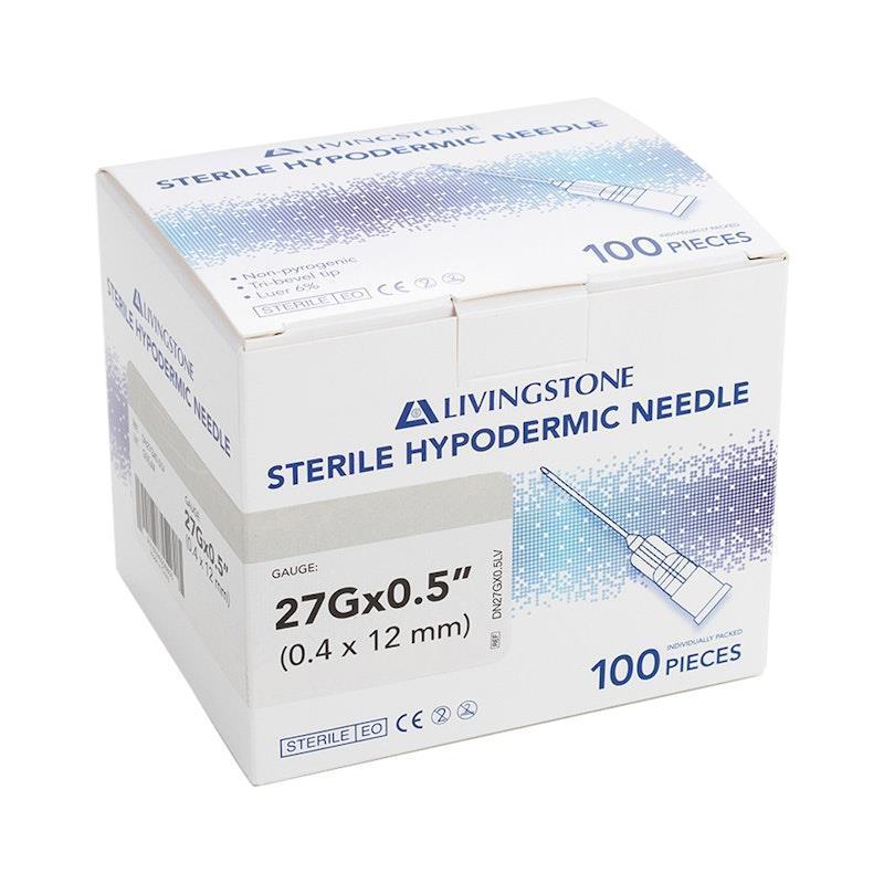 Livingstone Hypodermic Needles 27G (0.4mm) x 0.5 Inch (12mm) 100 Pieces/Box