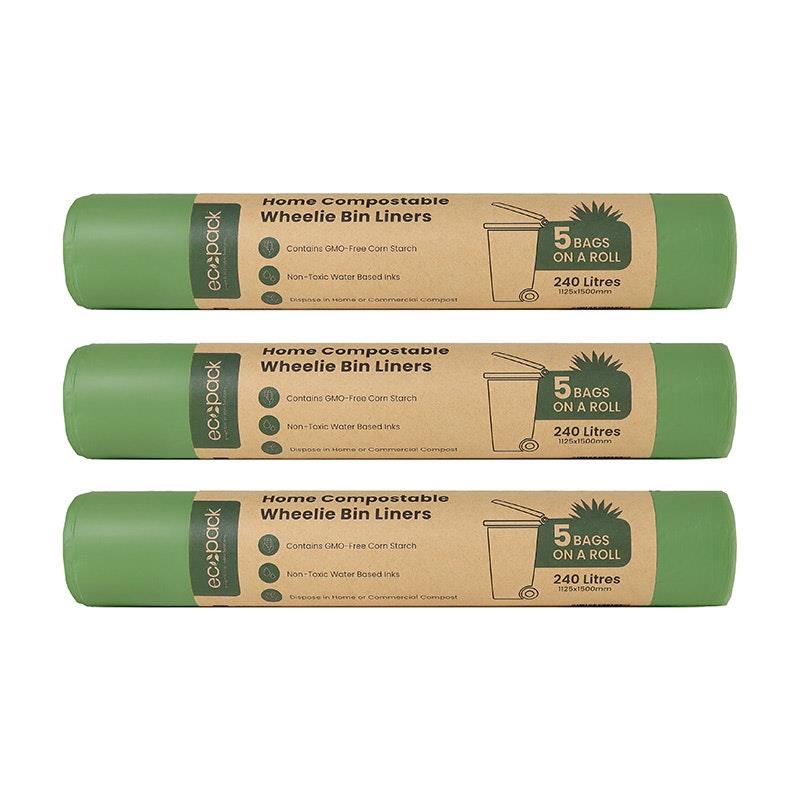 Ecopack 240L Compostable Wheelie Bin Bags Bundle 3 Rolls/15 Bags