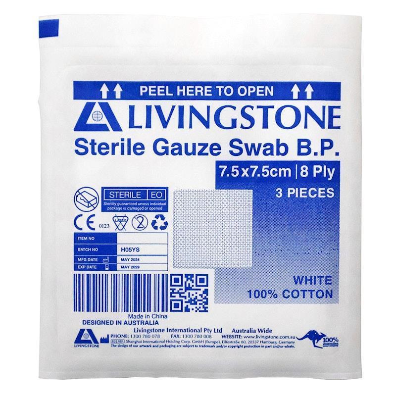 Livingstone Gauze Swabs Sterile White 8 ply 7.5 x 7.5 cm 1000 Pieces/Box