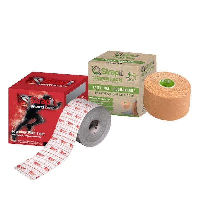 Strapit Greentech Biodegradable & Compostable Sports Strapping Tape + Fixit Hypoallergenic Adhesive Underwrap 2 Pack