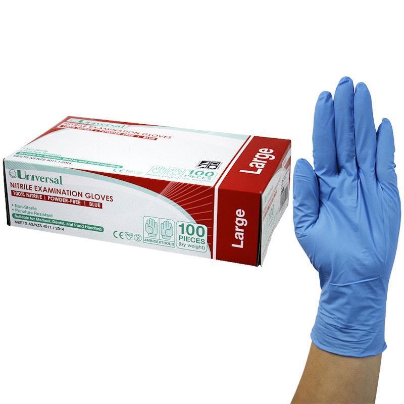 Universal Choice Nitrile Examination Gloves AS NZ Powder Free Large 100 Pieces/Box