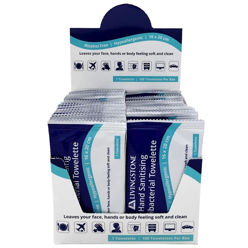 Livingstone Hand Sanitising Antibacterial Towelette Wipe 100/Box 8Pack