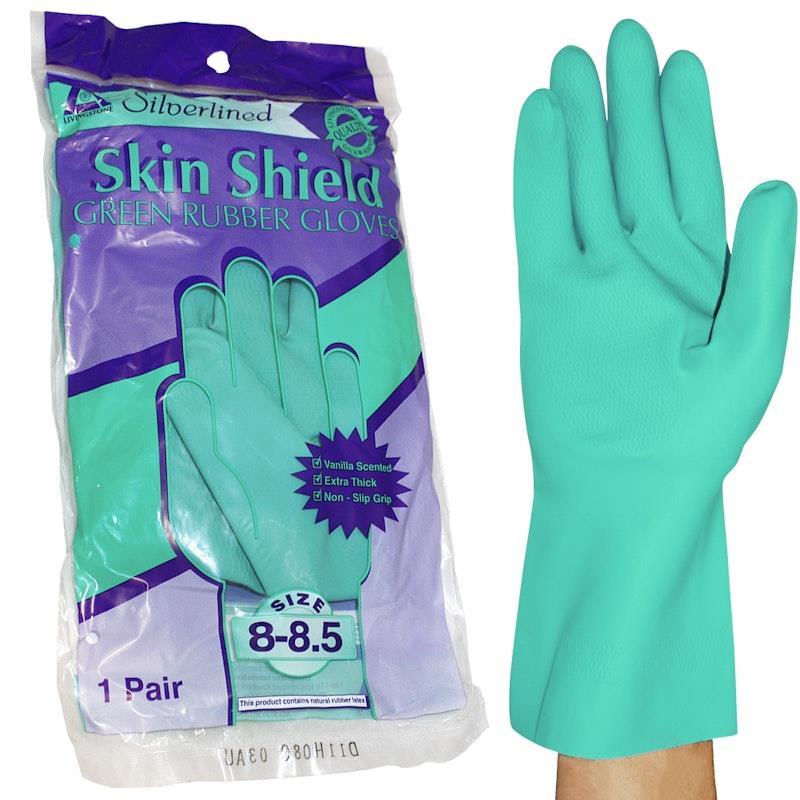 Skin Shield Silver Lined Natural Rubber Gloves Vanilla Scented Pair Green Size 8-8.5