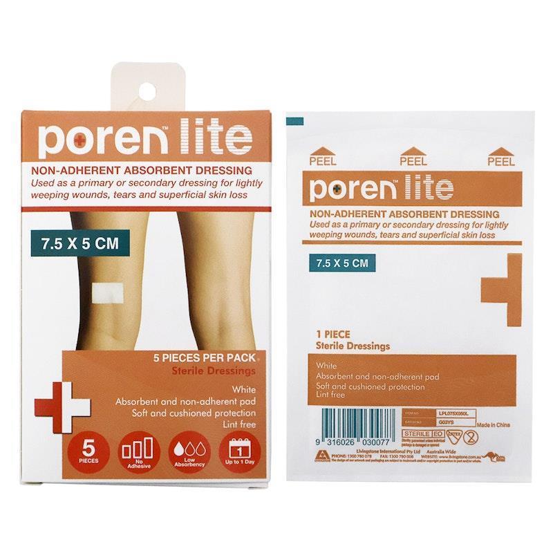 Poren-Lite Non-Adherent Absorbent Dressing Sterile 7.5 X 5cm 5Box