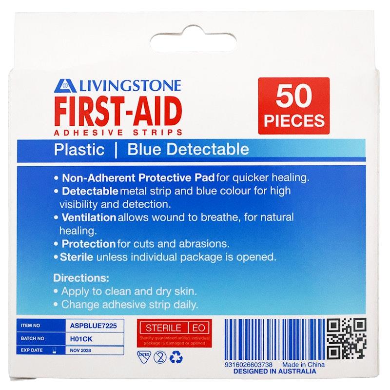 Livingstone Metal Detectable Blue Adhesive Strips with Pad - Waterproof, 72 x 25mm, 50 Pieces/Box