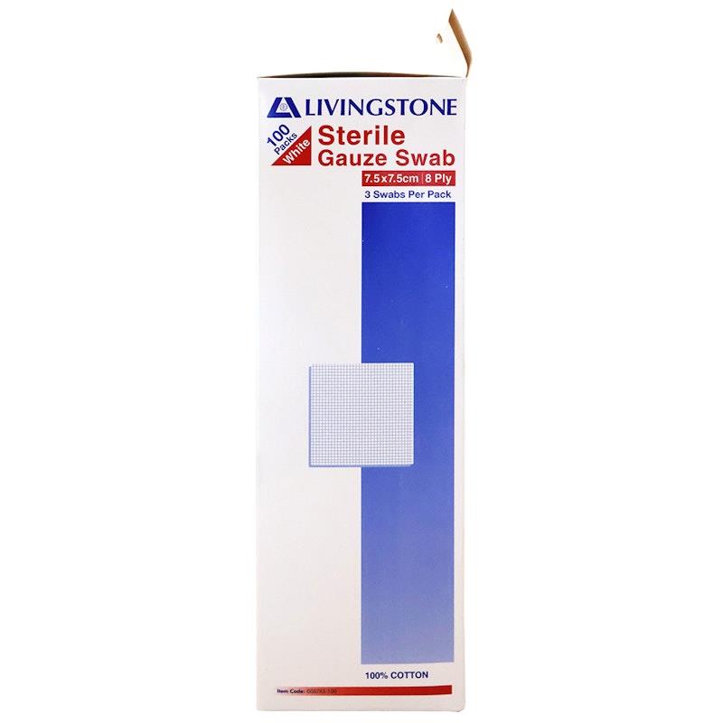 Livingstone Sterile Gauze Swabs - 100 Pieces (8 Ply, 7.5 x 7.5cm)