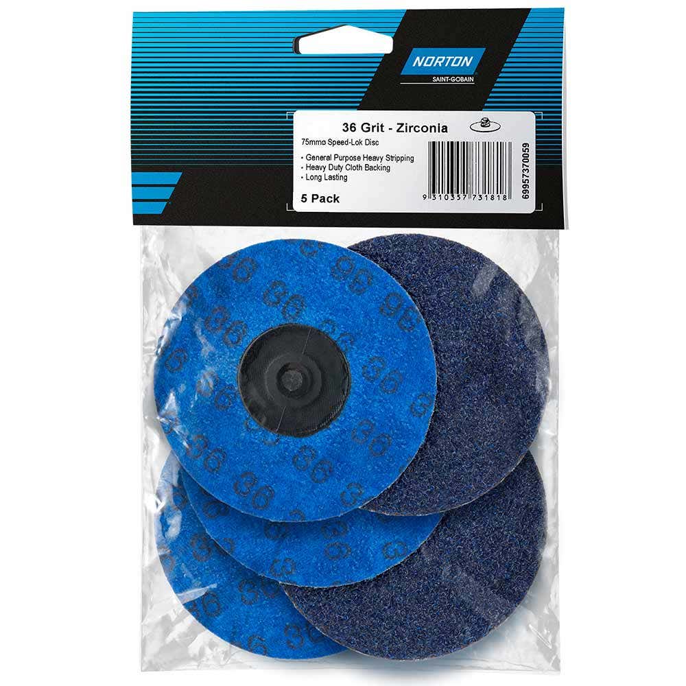 NORTON 75mm 36-Grit Zirconia Quick-Change Sanding Disc - SPEEDLOK - 5 Piece
