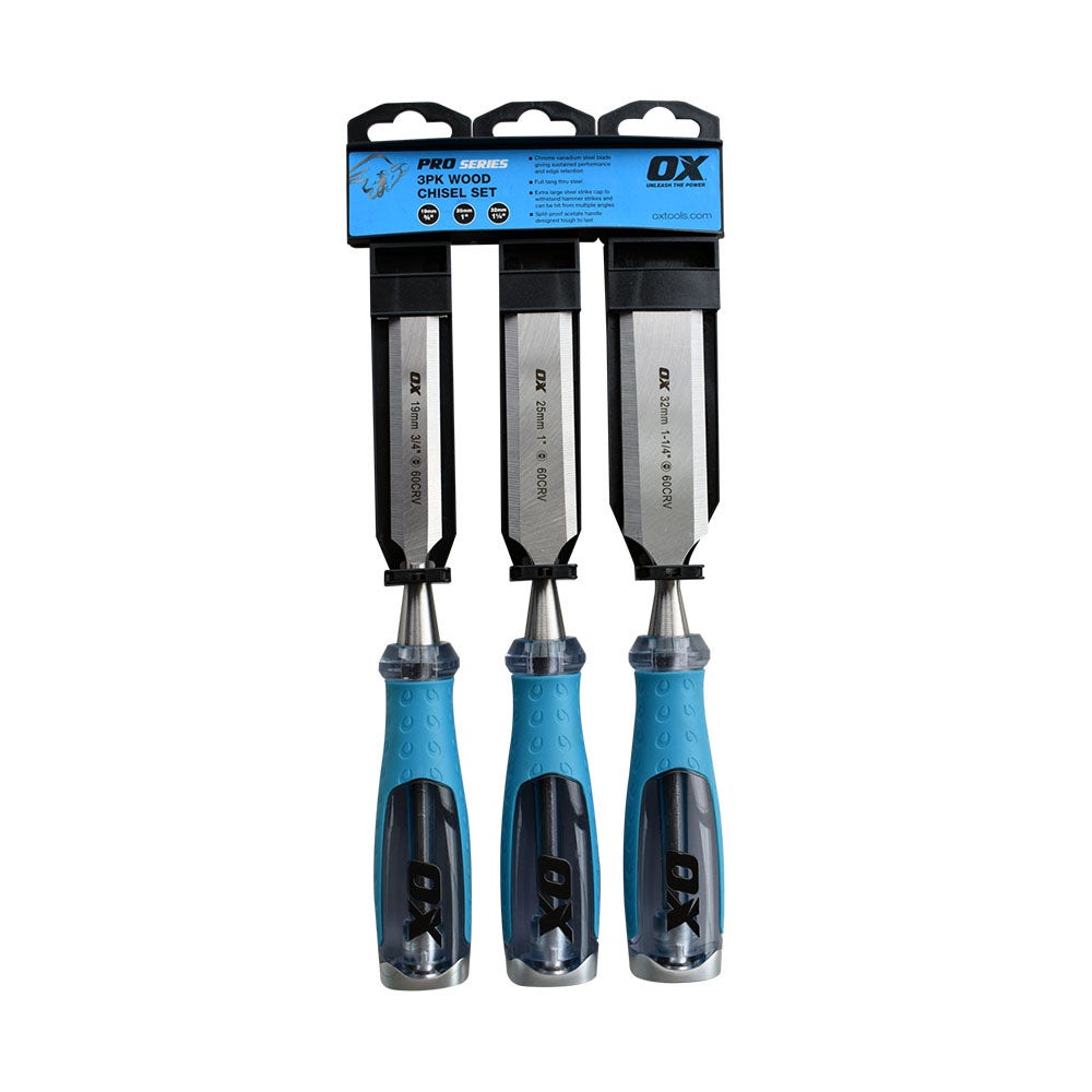 OX 3pc 19 25 32 Strike Cap Thru Tang Wood Chisel Set OX-P3709033