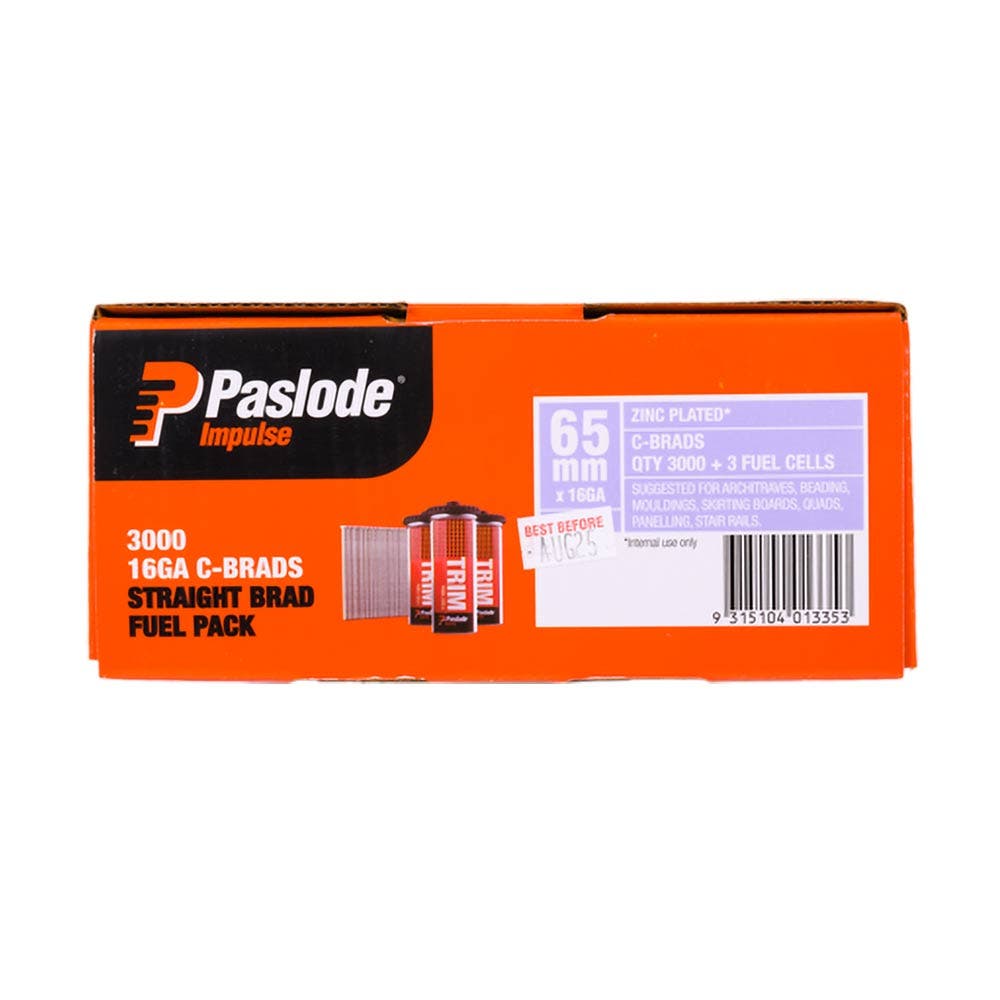 PASLODE 65 x 1.6mm Zinc Plated C65 Impulse Brad with Fuel 3000 pk B20632