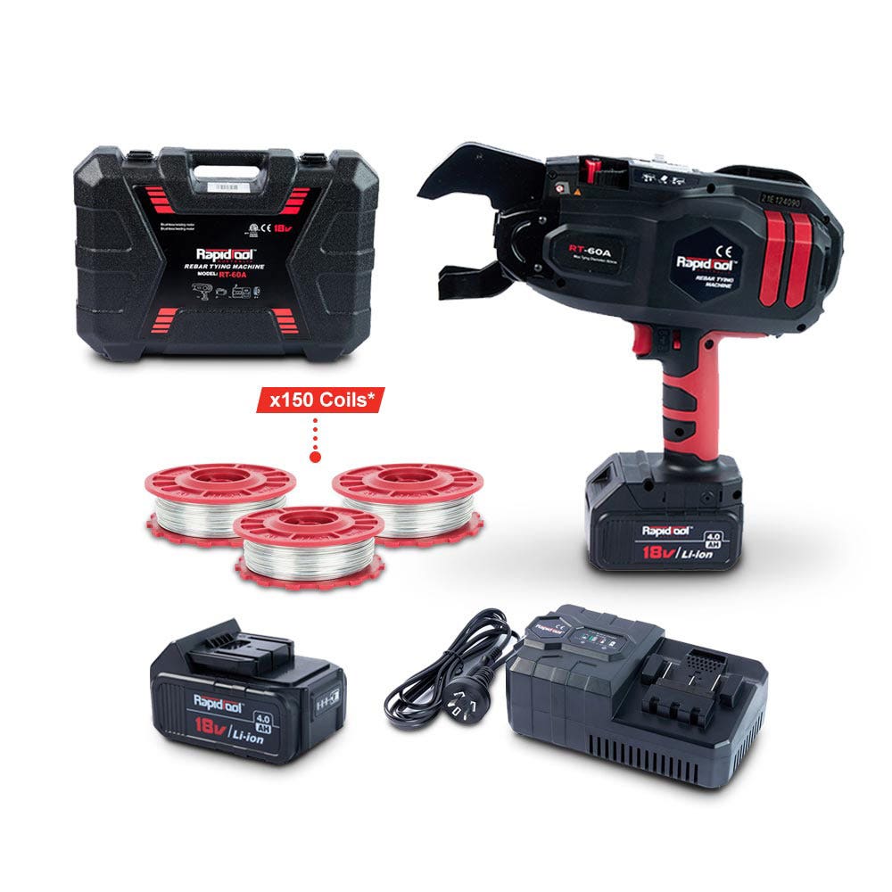 RAPIDTOOL 18V 2 x 4.0Ah 60mm Rebar Tying Tool Kit w 150 Coils TWG-150B