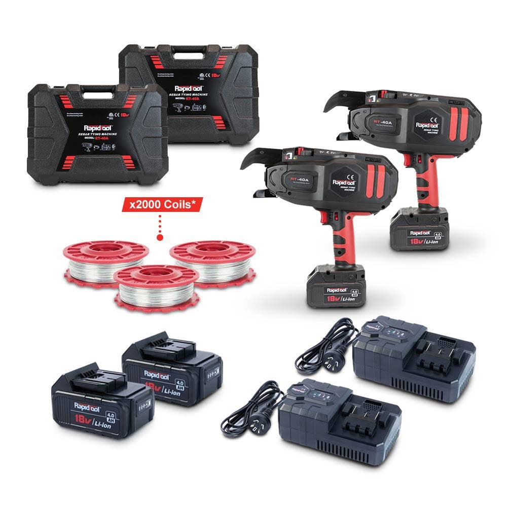 RAPIDTOOL 18V 4 x 4.0AH 2 x RT-40A Rebar Tying Tool Kit w 2000 Coils TWG-2000C