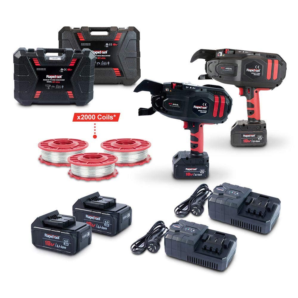 RAPIDTOOL 18V 4 x 4.0AH RT-40A RT-60A Rebar Tying Tool Kit w 2000 Coils TWG-2000E