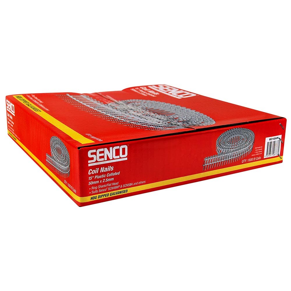 SENCO Cladding Coil Nails Ring Shank Hot Dipped Galvanised - 50mm Box of 1800 BE21ASAUM