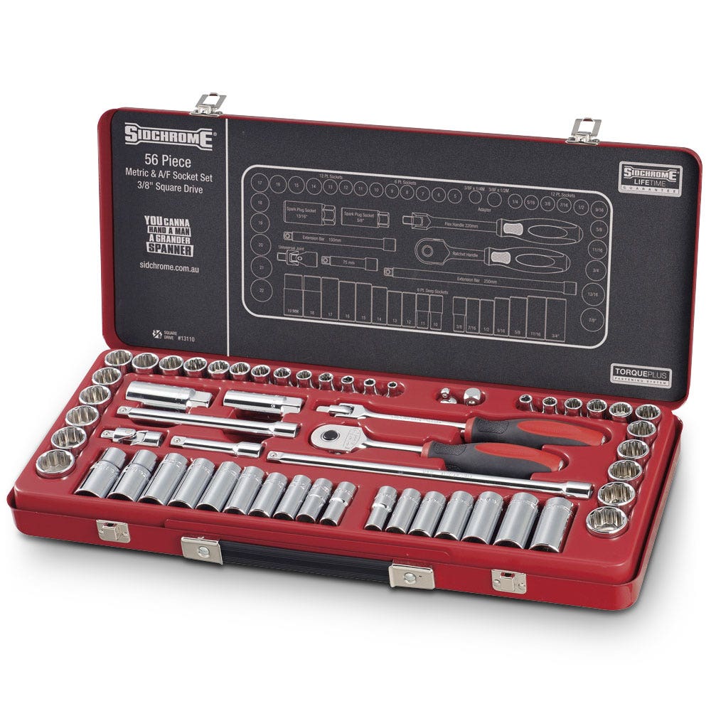 SIDCHROME 56 Piece 3 8inch Metric AF Deep Socket Set SCMT13110