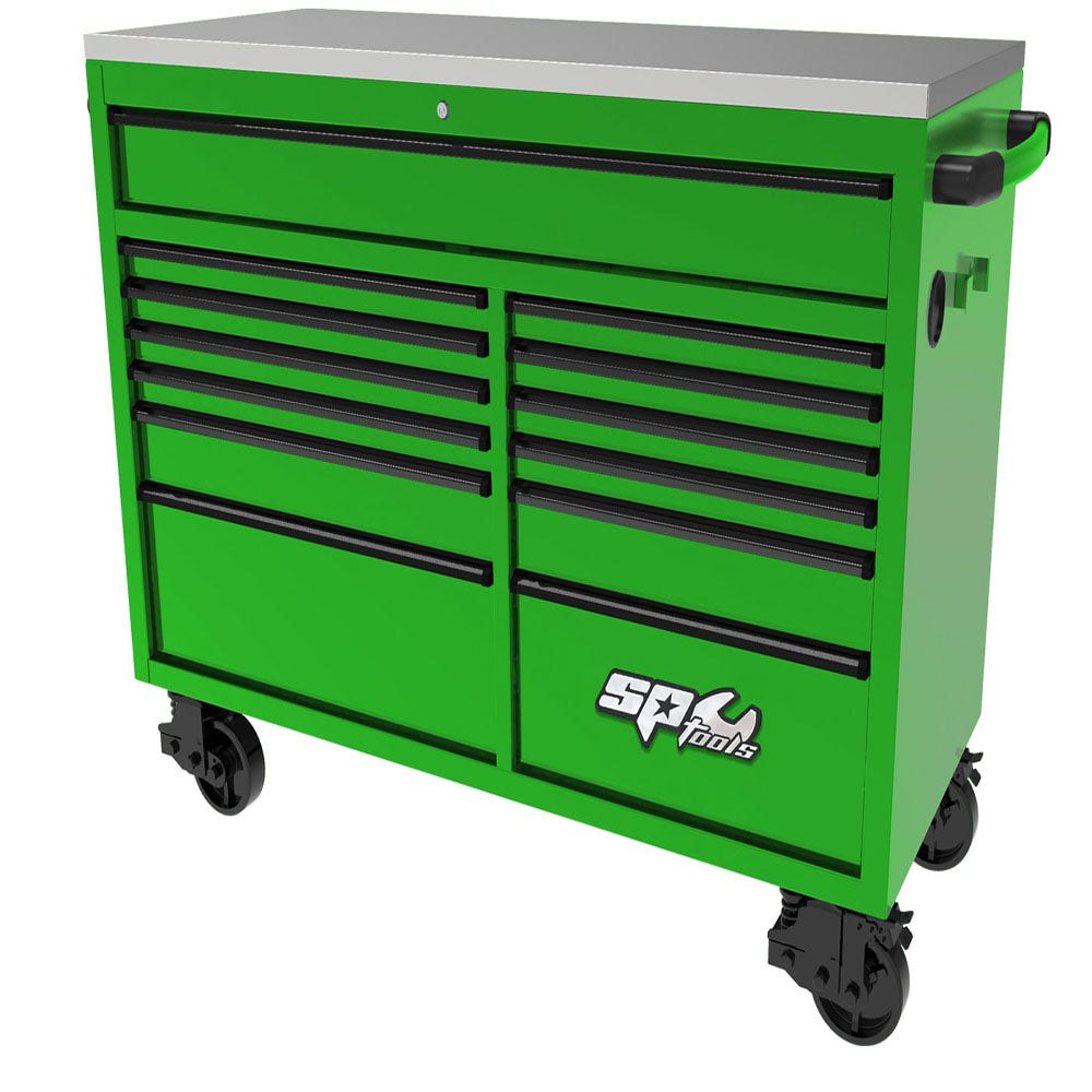 SP TOOLS 59inch USA Sumo Series Wide Roller Cabinet - 13 Drawer - Green Black SP44725G