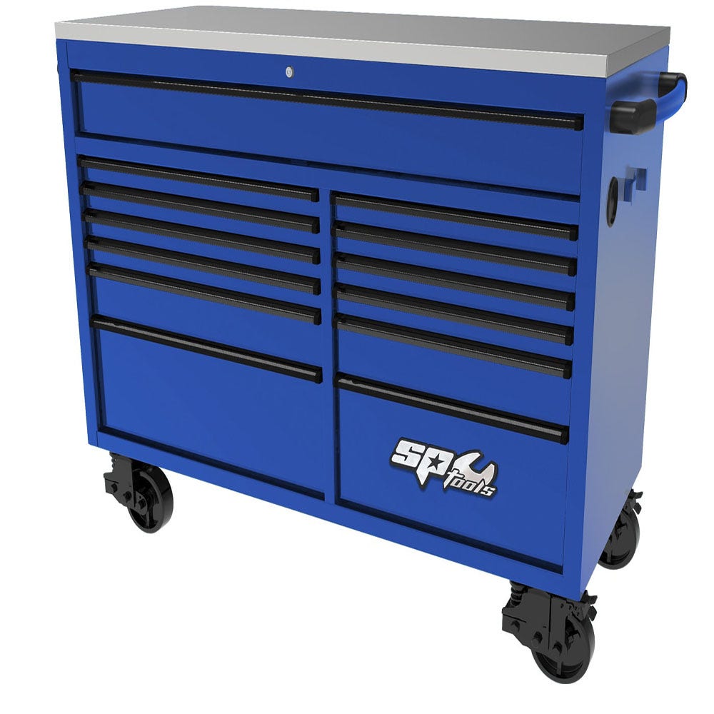 SP TOOLS 59inch USA Sumo Series Wide Roller Cabinet - 13 Drawer - Blue Black SP44725BL