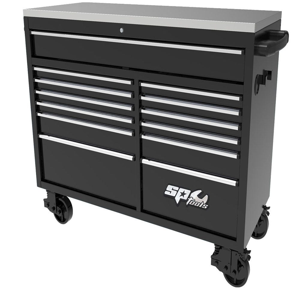 SP TOOLS 59inch USA Sumo Series Wide Roller Cabinet - 13 Drawer - Black Chrome SP44725