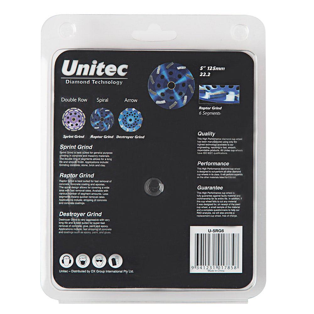 UNITEC 125mm 6-Segment Spiral Diamond Grinding Cup - RAPTOR U-5RG6