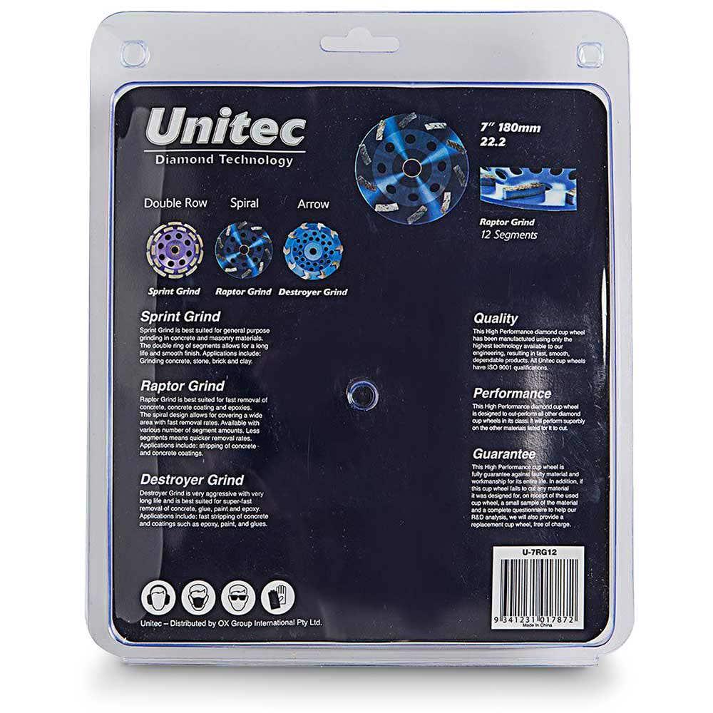 UNITEC 180mm 12-Segment Spiral Diamond Grinding Cup - RAPTOR U-7RG12