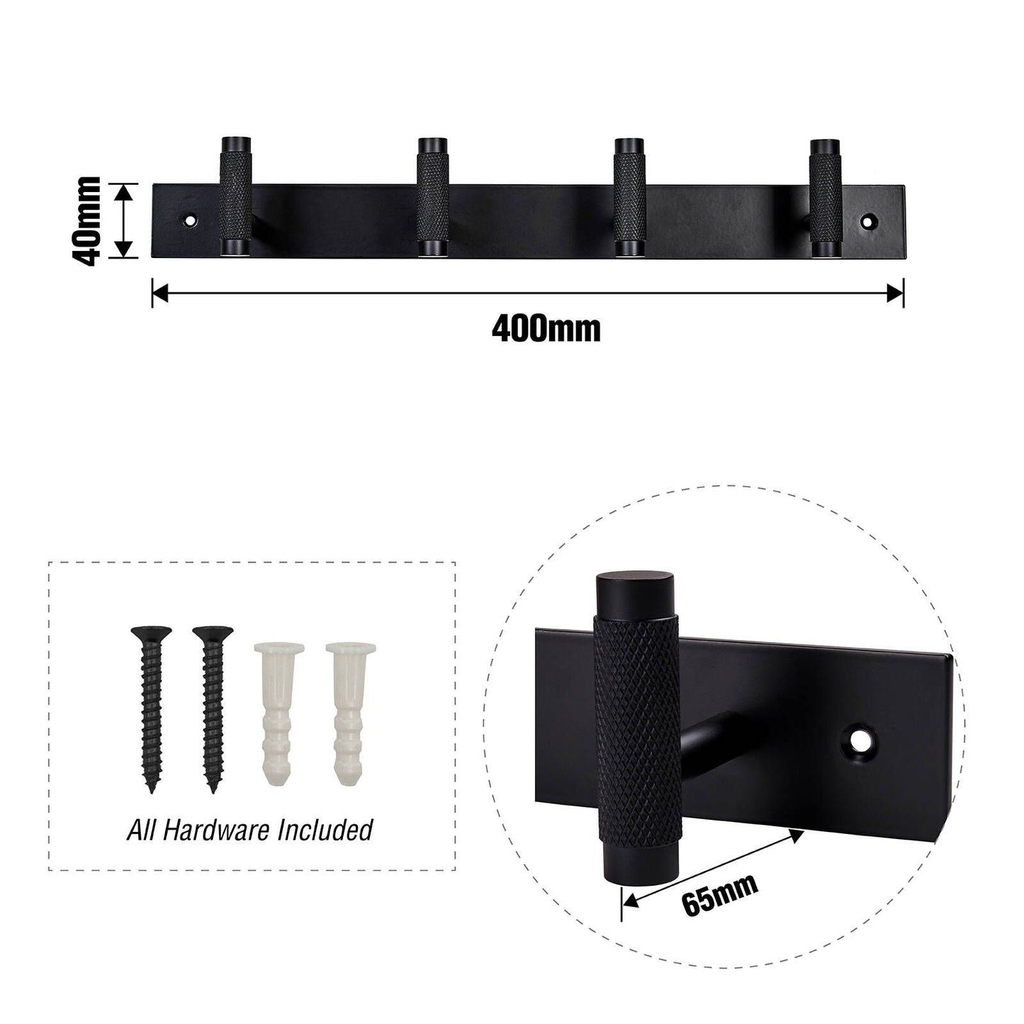Adoored 4 Hook Black Knurled Hook Rack 400mm