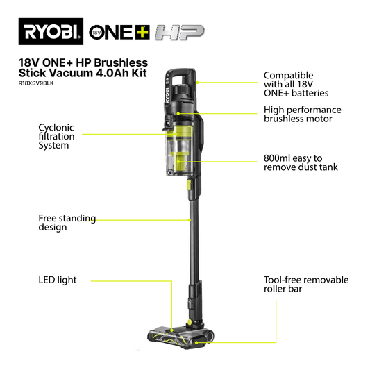 Ryobi ONE+ HP Brushless Stick Vacuum Kit - 4Ah - 800ml - Black